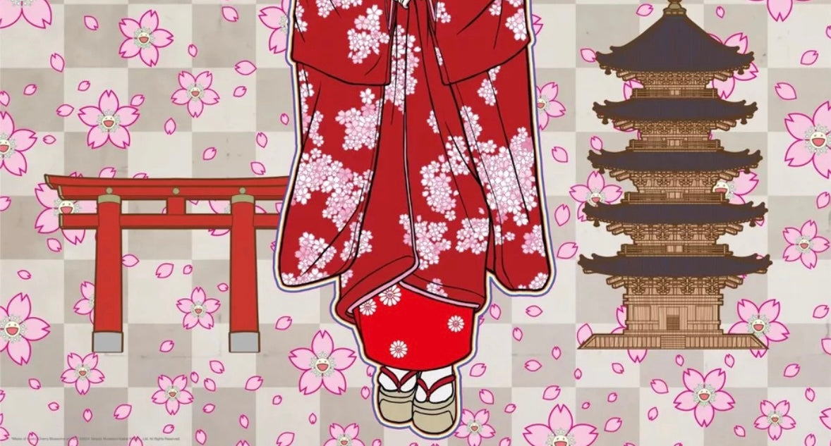 Takashi Murakami - Maiko in Kyoto, Cherry Blossoms on Red