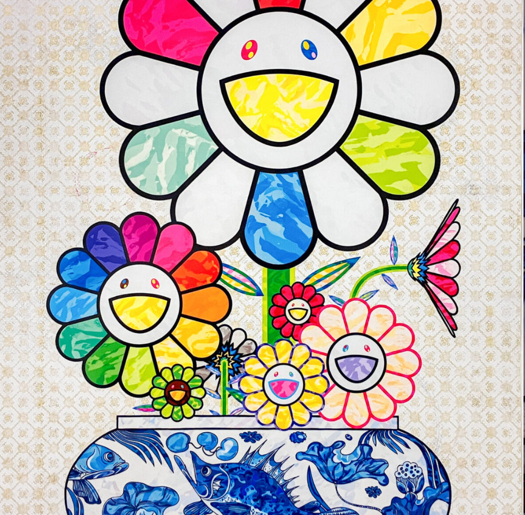 Takashi Murakami - Murakami flowers in a Qinghua vase (Blue